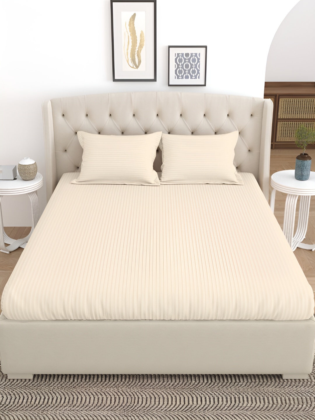 

Salona Bichona Beige Striped 180 TC Queen Bedsheet with 2 Pillow Covers