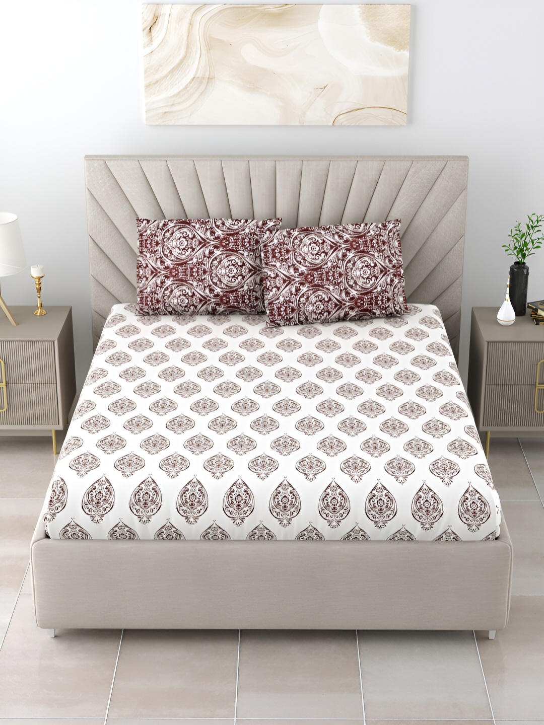 

Salona Bichona Maroon Ethnic Motifs Cotton 300 TC King Bedsheet With 2 Pillow Covers