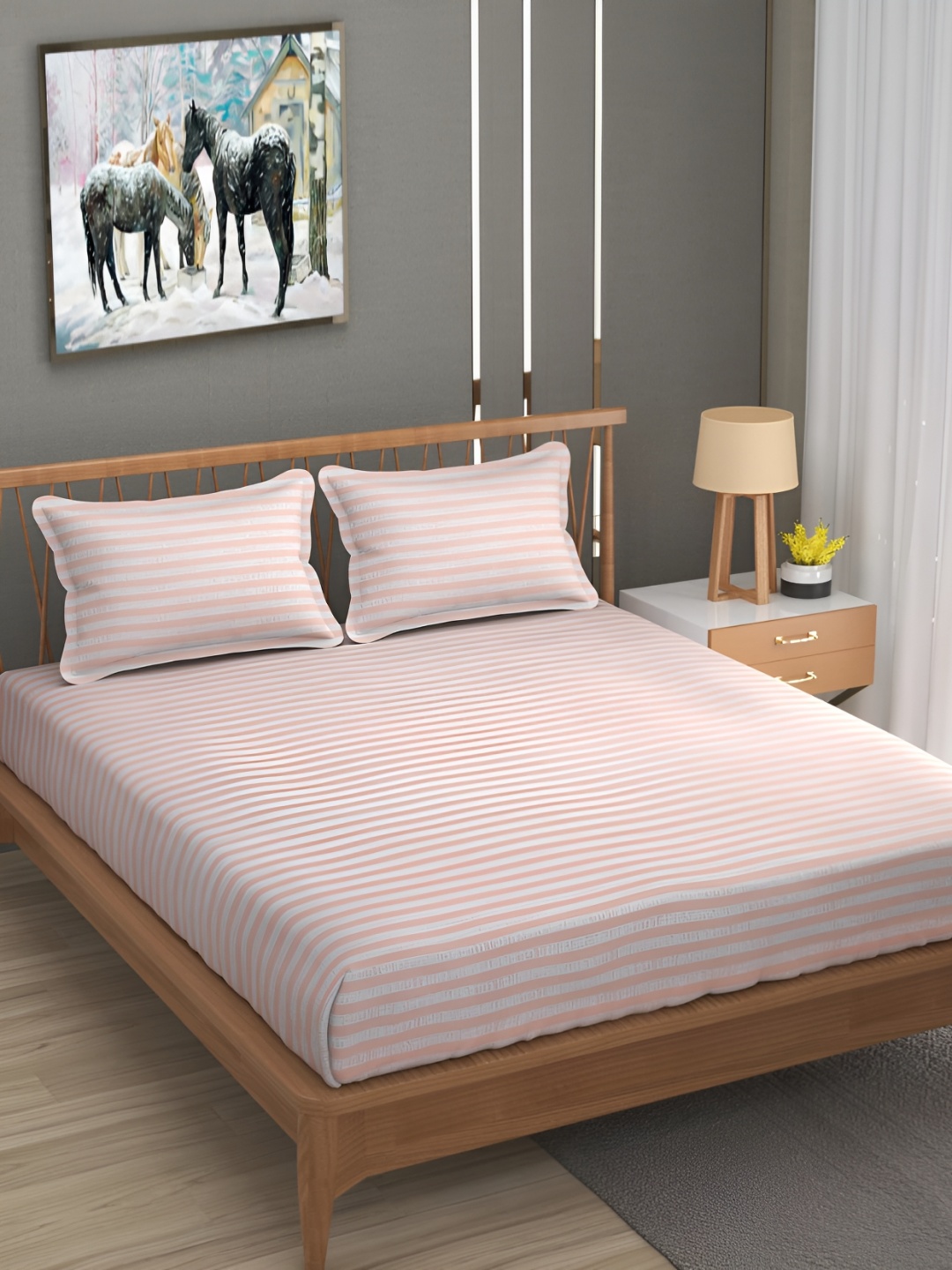 

RIDHAAN Pink & Off White Striped Printed 210 TC King Bedsheet Set