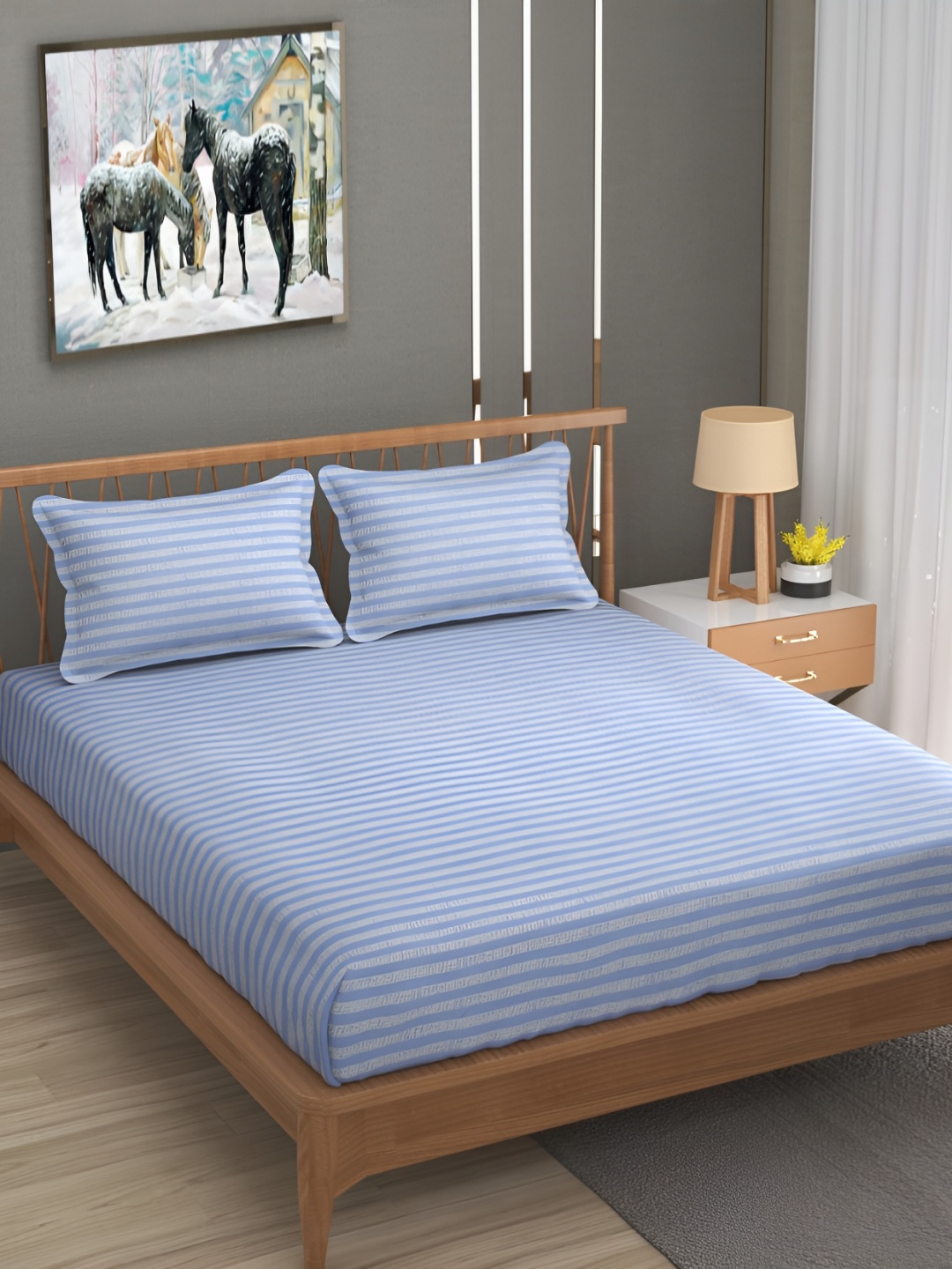 

RIDHAAN Blue & Grey Striped 210 TC King Bedsheet with 2 Pillow Covers