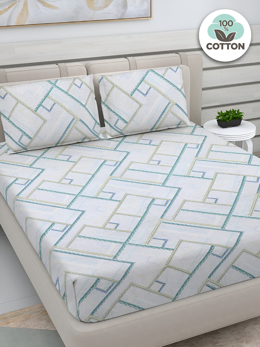 

FABINALIV Off White & Blue Geometric Print Cotton King Size Bedsheet & 2 Pillow Covers