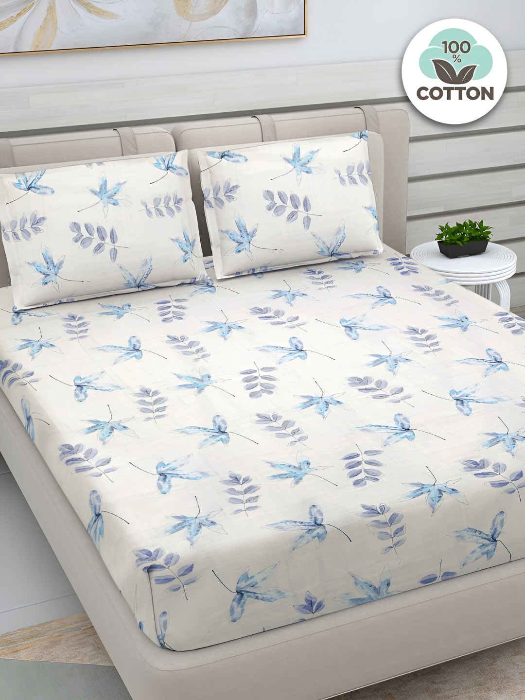 

FABINALIV Blue & White Floral Print 300 TC Cotton King Size Bedsheet & 2 Pillow Covers