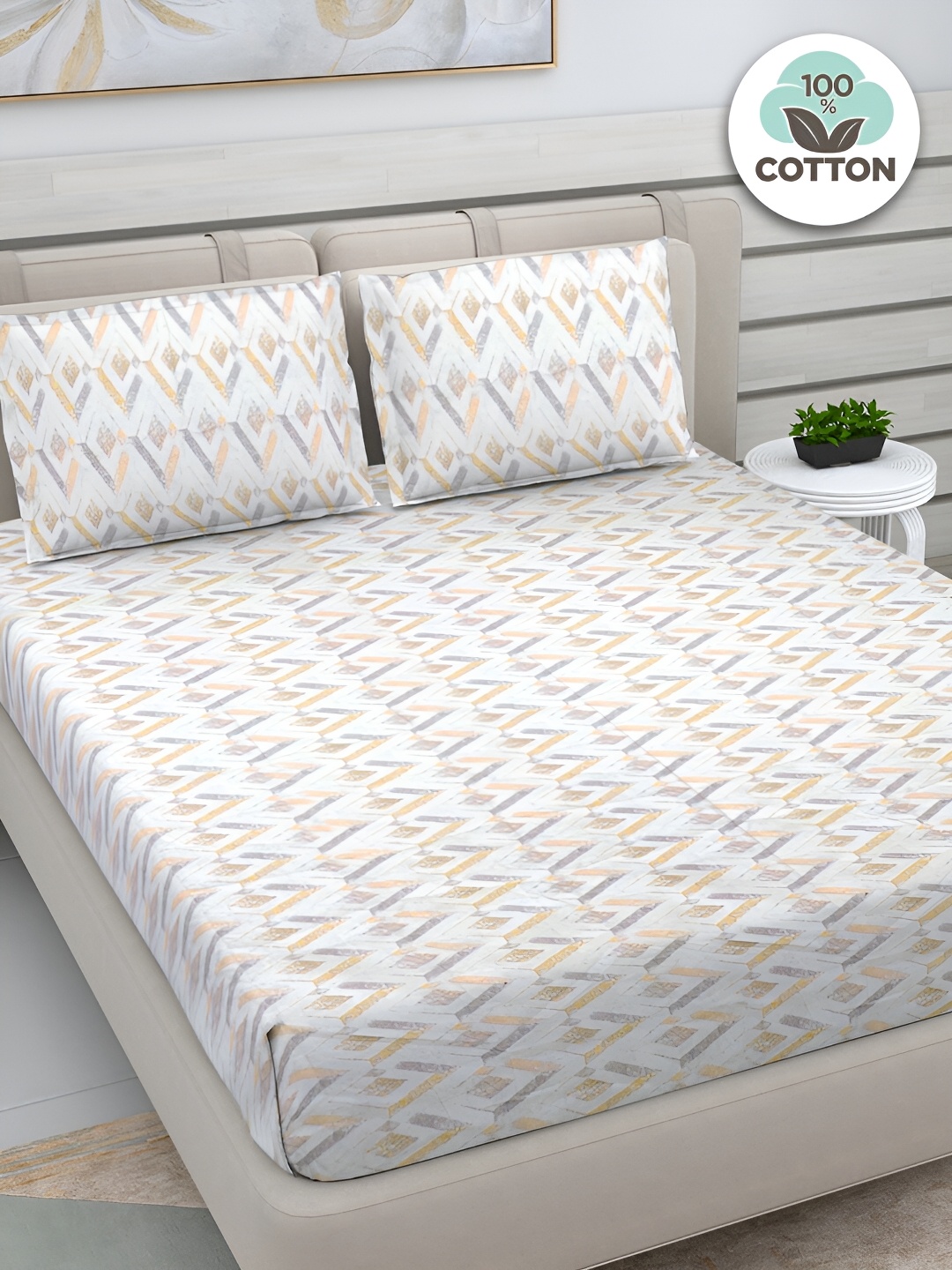 

FABINALIV Yellow & Grey Geometric Print 300 TC Cotton King Size Bedsheet & 2 Pillow Covers