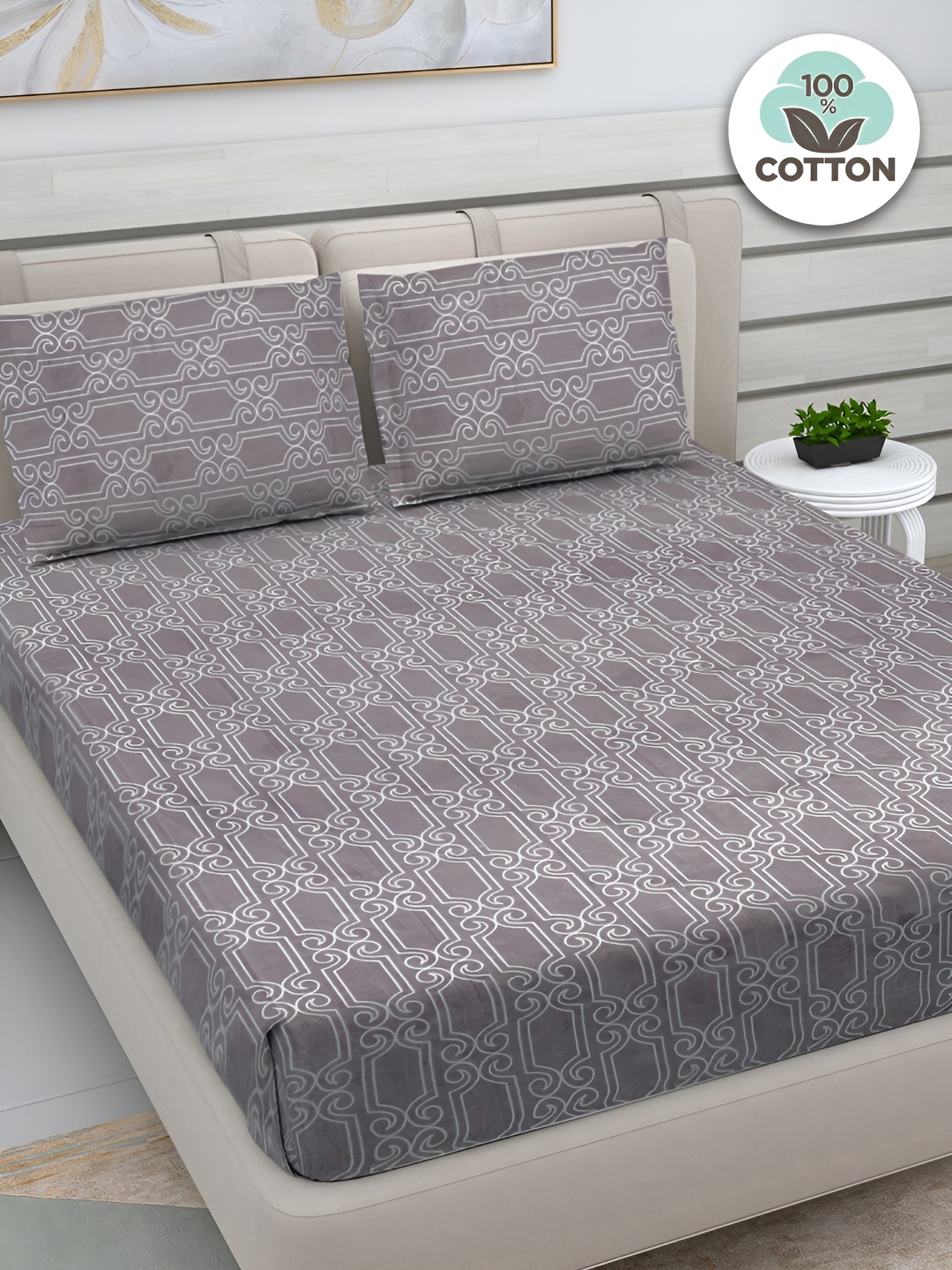 

FABINALIV Grey & White Geometric Print 300 TC Cotton King Size Bedsheet & 2 Pillow Covers