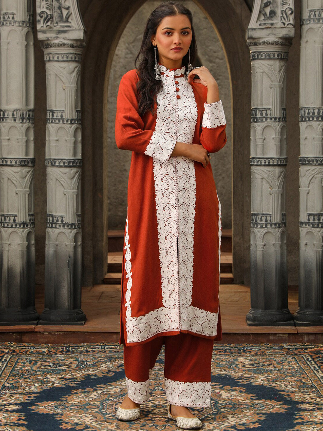 

House of Chikankari Kasmira Embroidered Aari Work Woollen Straight Kurta With Palazzo, Orange