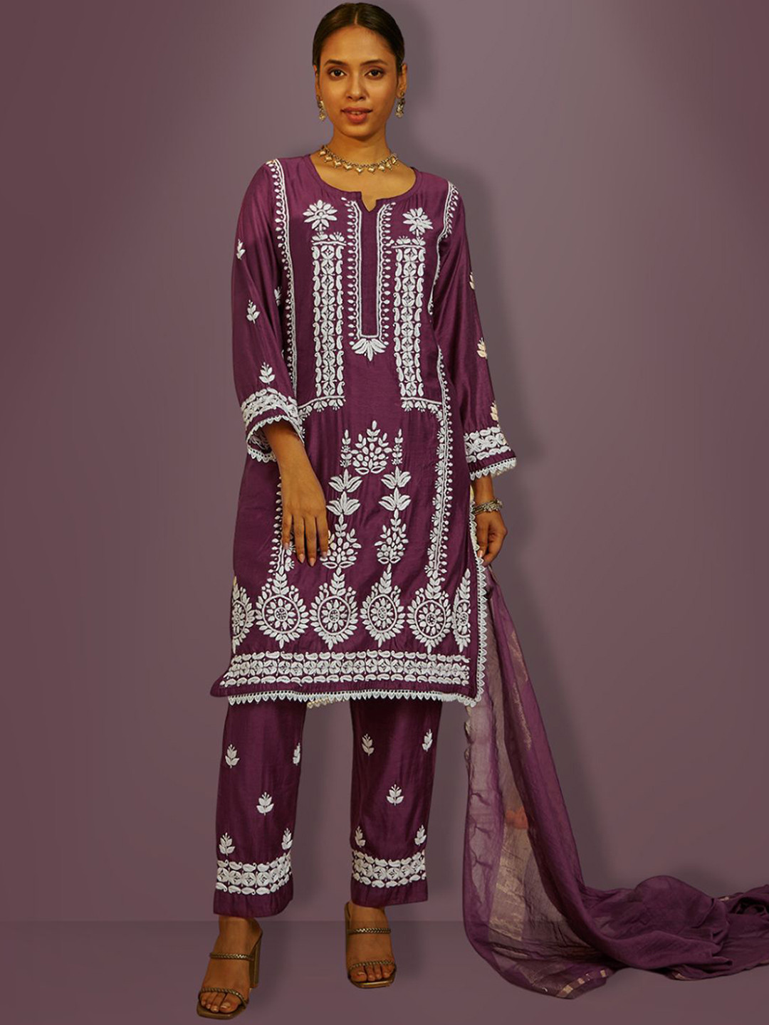 

House of Chikankari Mahnoor Chikankari Chanderi Cotton Straight Kurta & Trousers & Dupatta, Purple
