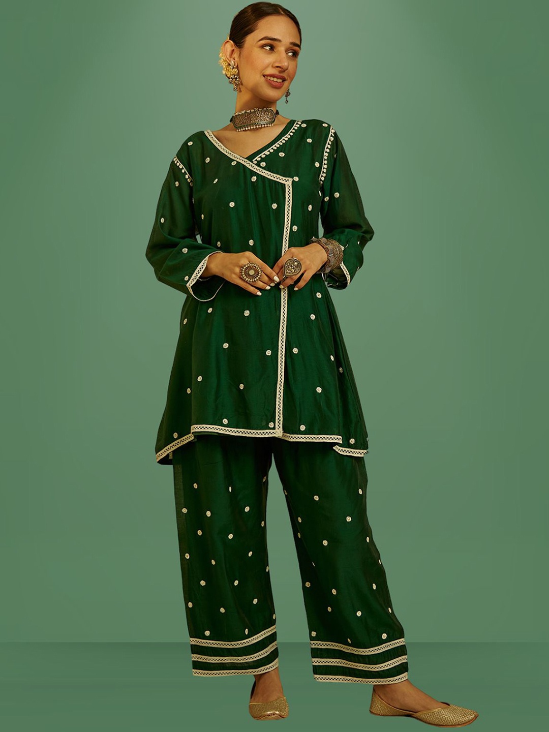 

House of Chikankari Mahak Chanderi Cotton Chikankari Angrakha Kurta With Palazzos, Green