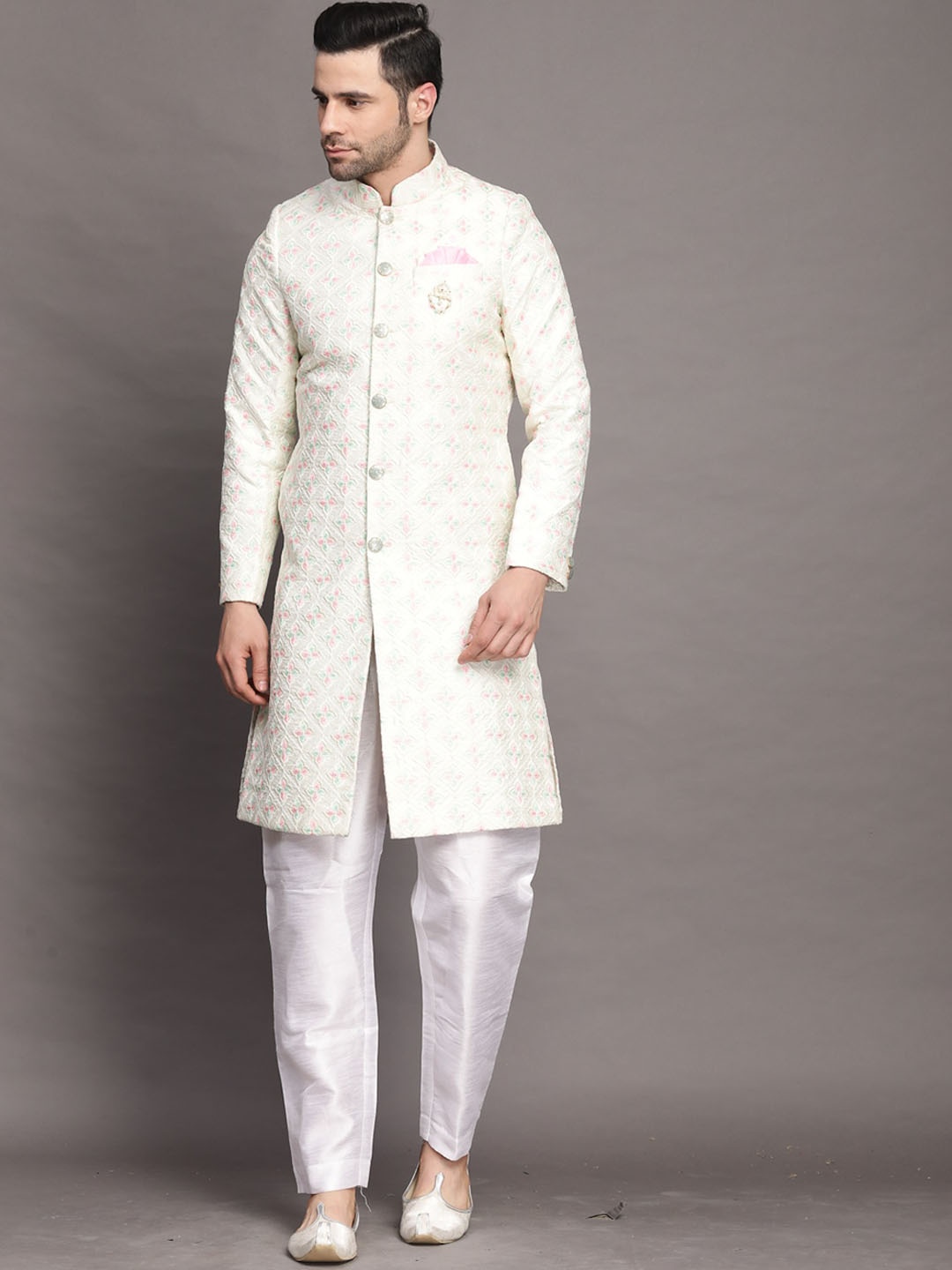 Utsav Fashion Embroidered Mandarin Collar Sherwani Set, Off white