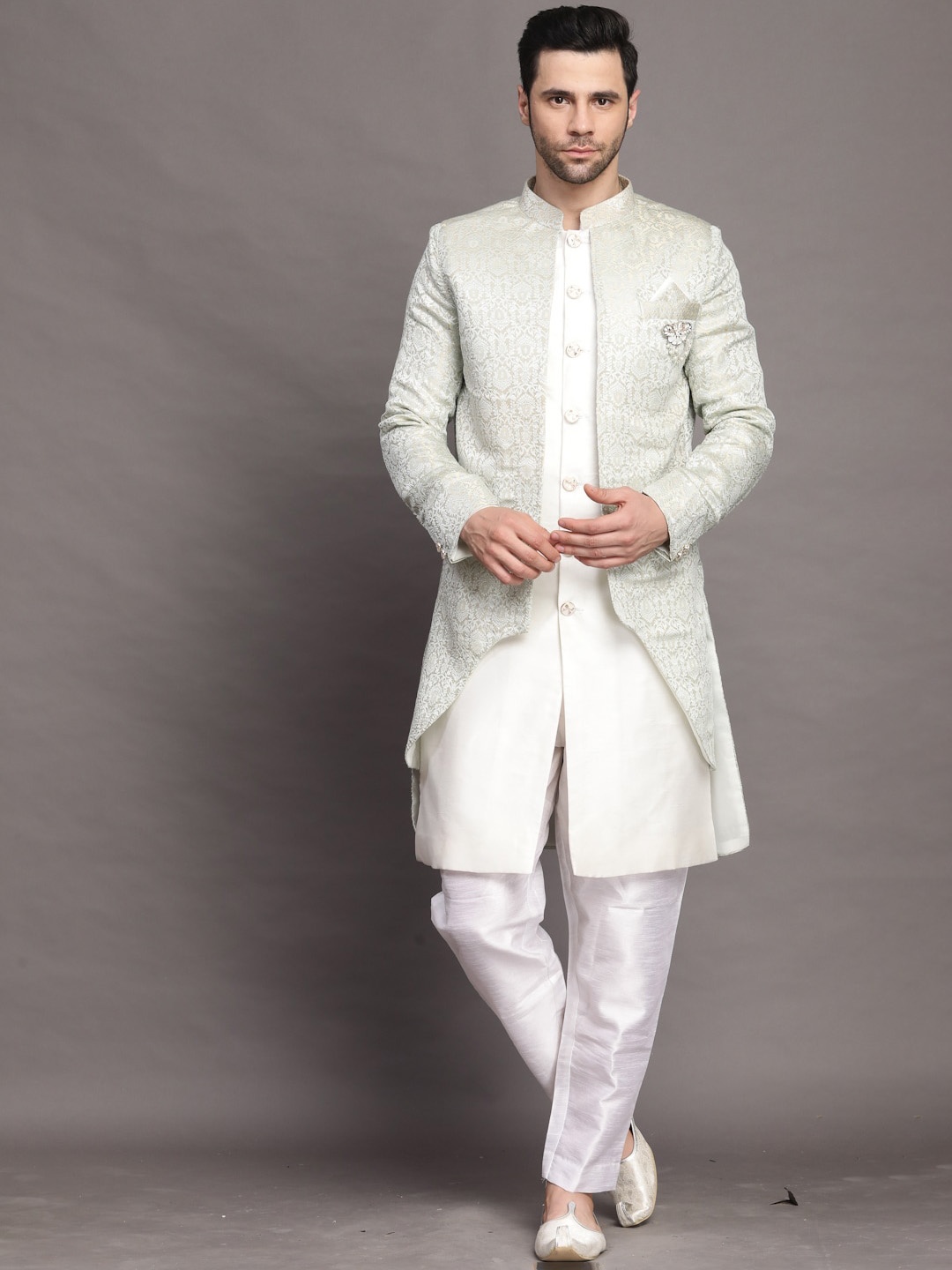 Utsav Fashion Self Design Sherwani With Kurta & Dhoti Pant, Beige