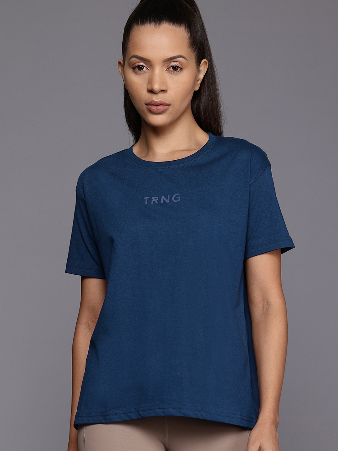 

HRX by Hrithik Roshan Typography Drop-Shoulder Sleeves Training T-shirt, Navy blue