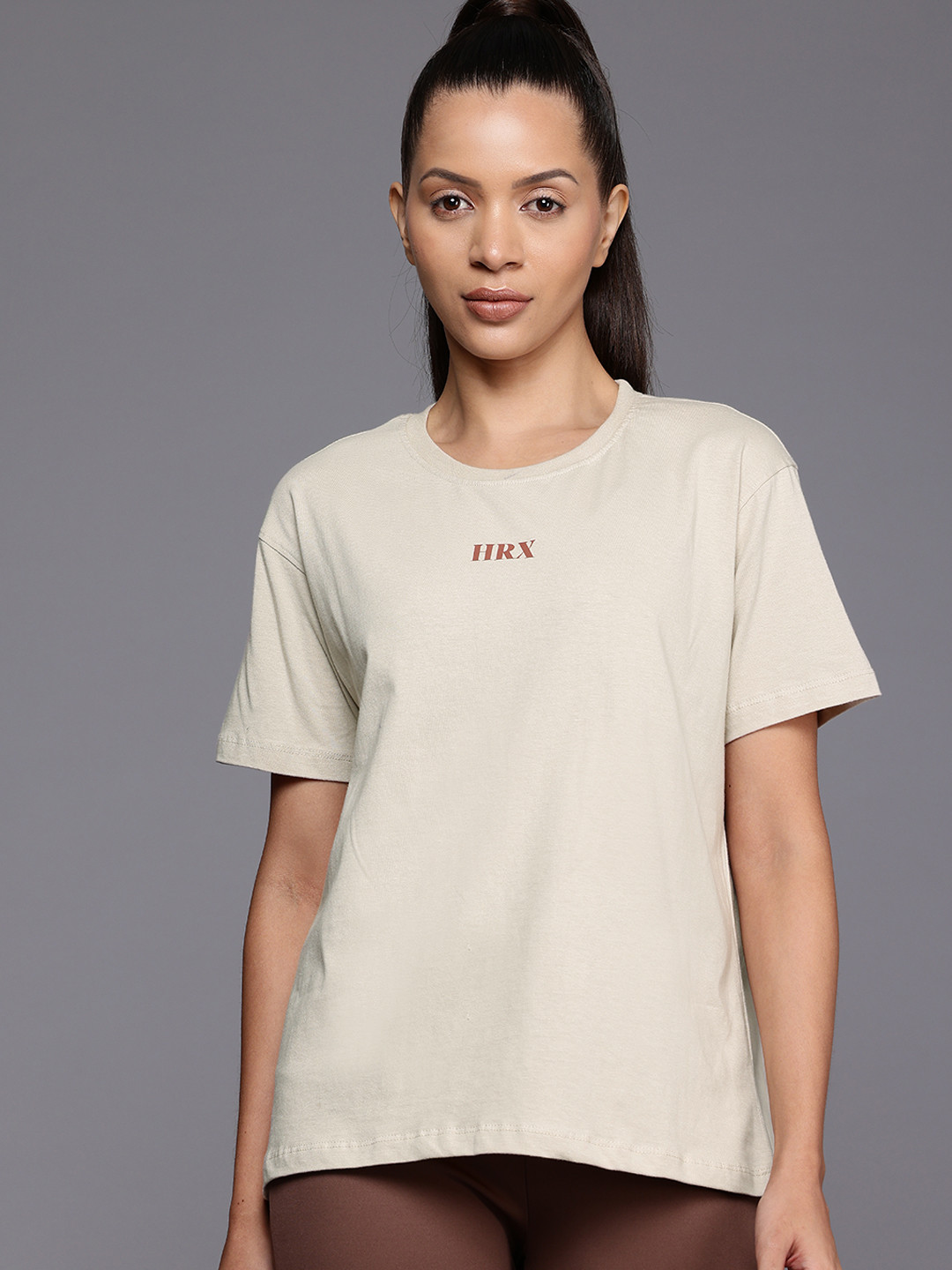 

HRX by Hrithik Roshan Printed Drop-Shoulder Sleeves Pure Cotton Yoga T-shirt, Beige
