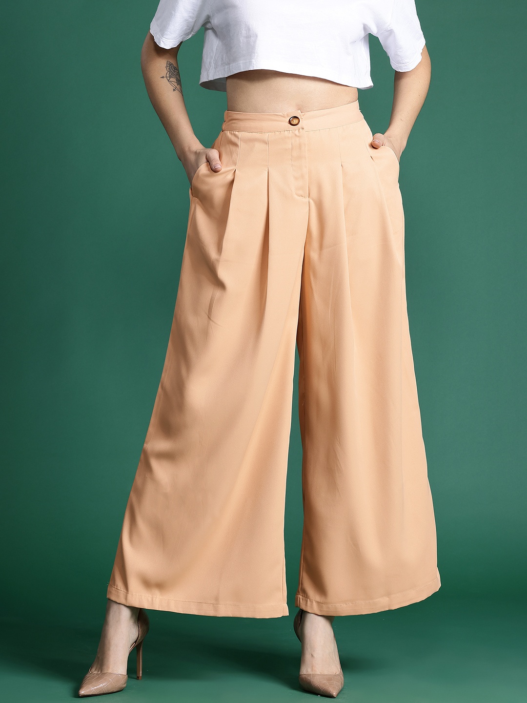 

DressBerry Women Wide Leg Pleated Trousers, Beige