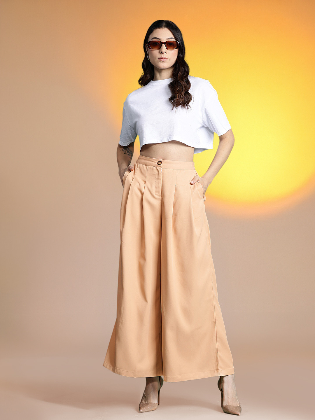 

DressBerry Women Wide Leg Pleated Trousers, Beige