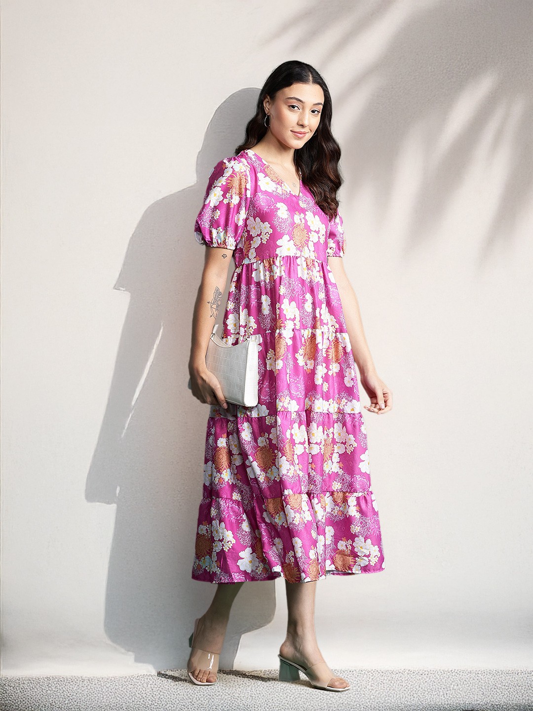 

DressBerry Floral Print Puff Sleeve Tiered Midi Dress, Pink