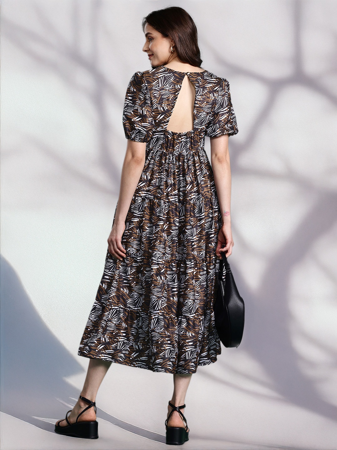 

DressBerry Printed Fit & Flare Tiered Midi Dress, Black