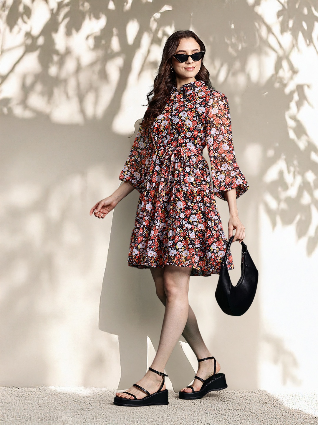 

DressBerry Floral Print Puff Sleeves Shirt Dress, Black