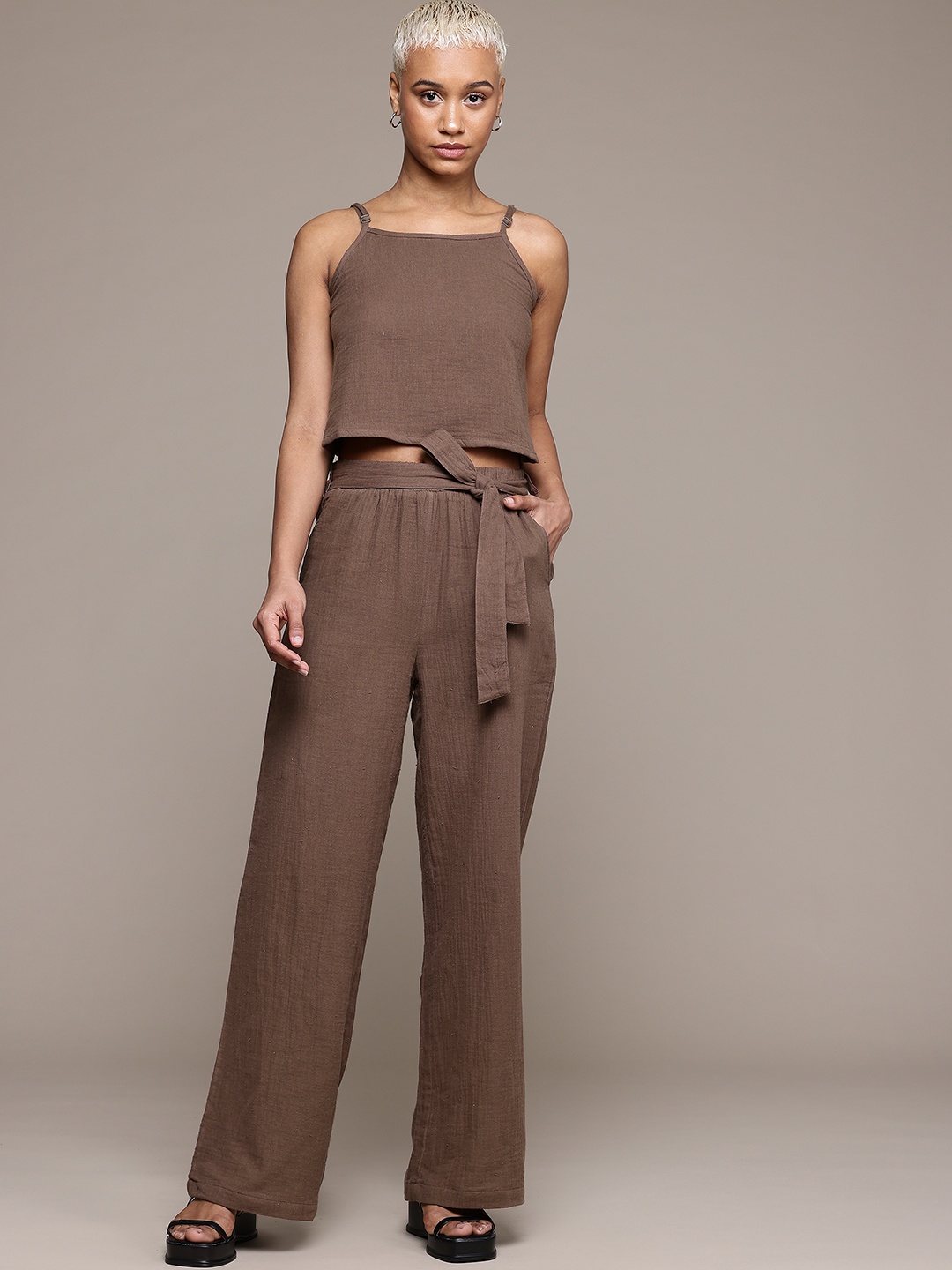 

The Roadster Lifestyle Co. Pure Cotton Cami Top with Belted Trousers Co-Ords, Brown