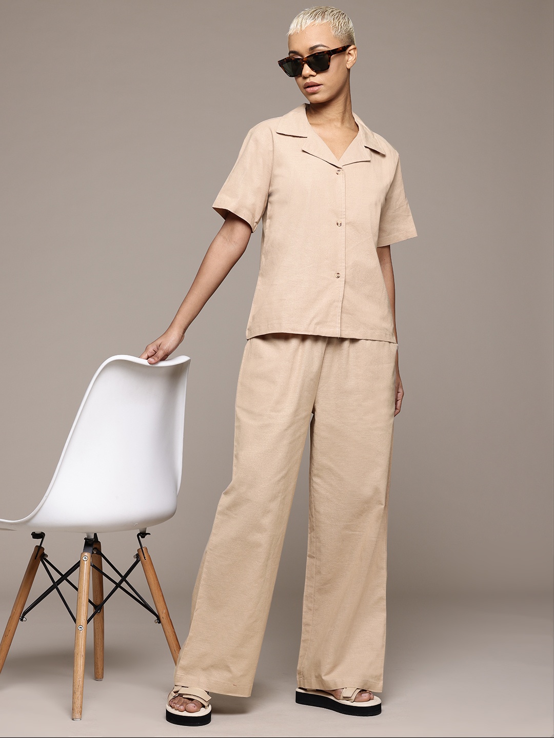 

The Roadster Lifestyle Co. Pure Cotton Shirt & Trousers Co-Ord Set, Beige