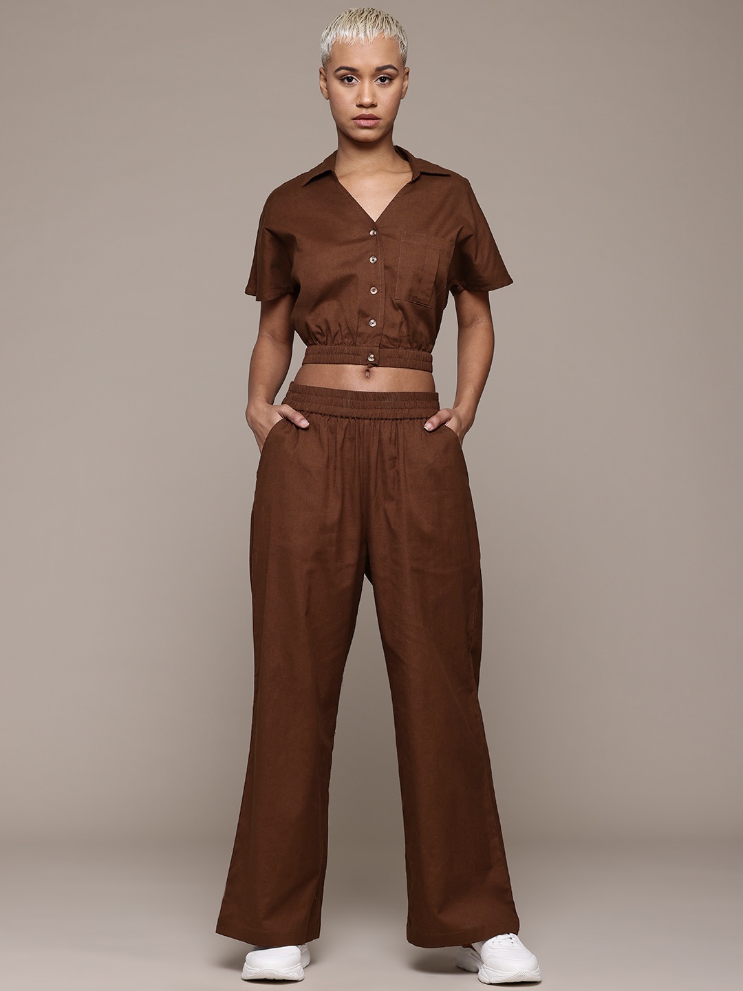 

The Roadster Lifestyle Co. Pure Cotton Shirt & Trousers Co-Ord Set, Brown