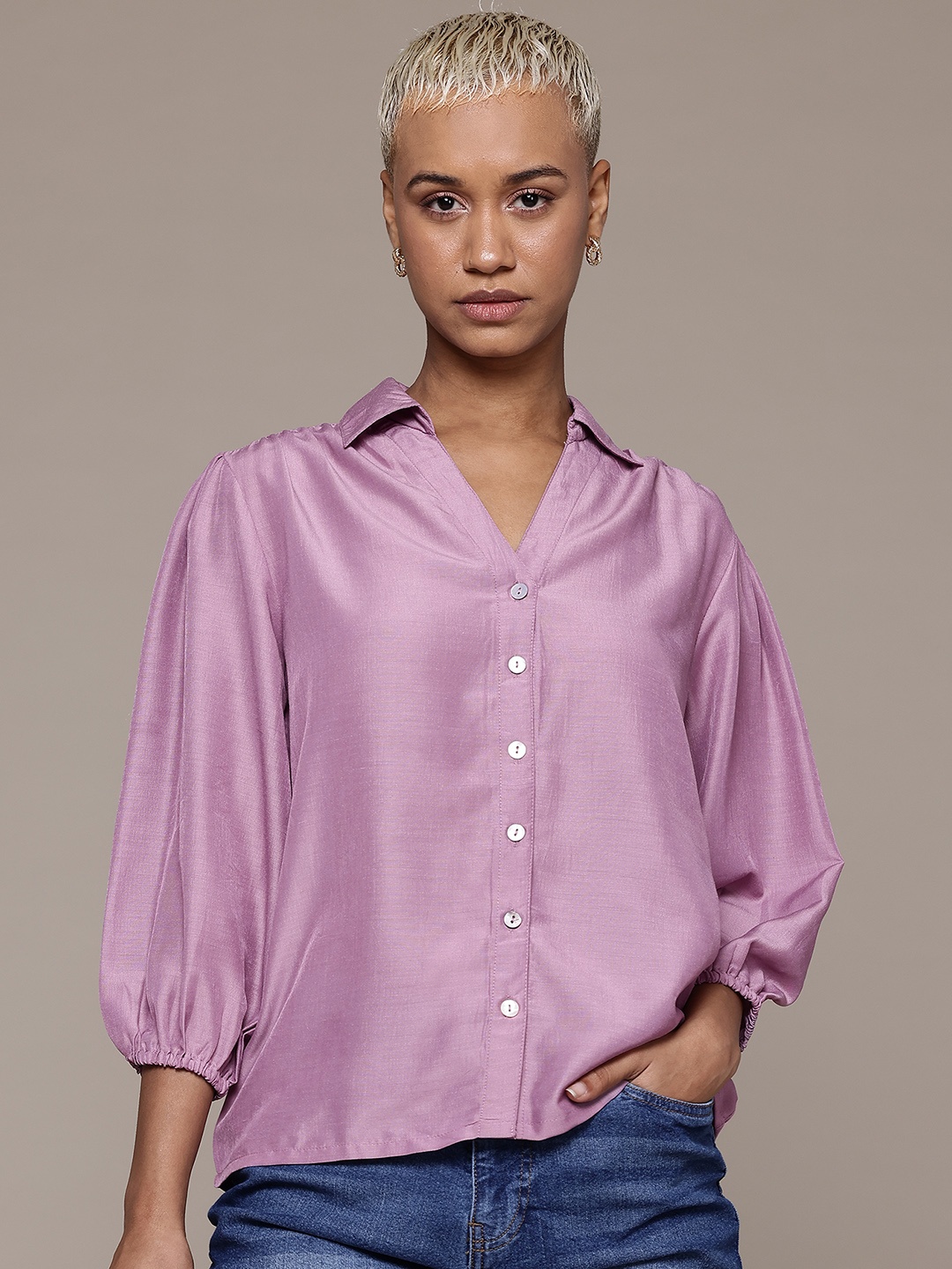

The Roadster Lifestyle Co. Puff-Sleeves Split-V Spread Collar Shirt, Purple