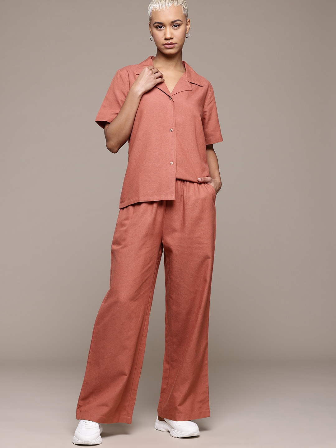 

The Roadster Lifestyle Co. Pure Cotton Shirt & Trousers Co-Ord Set, Rust