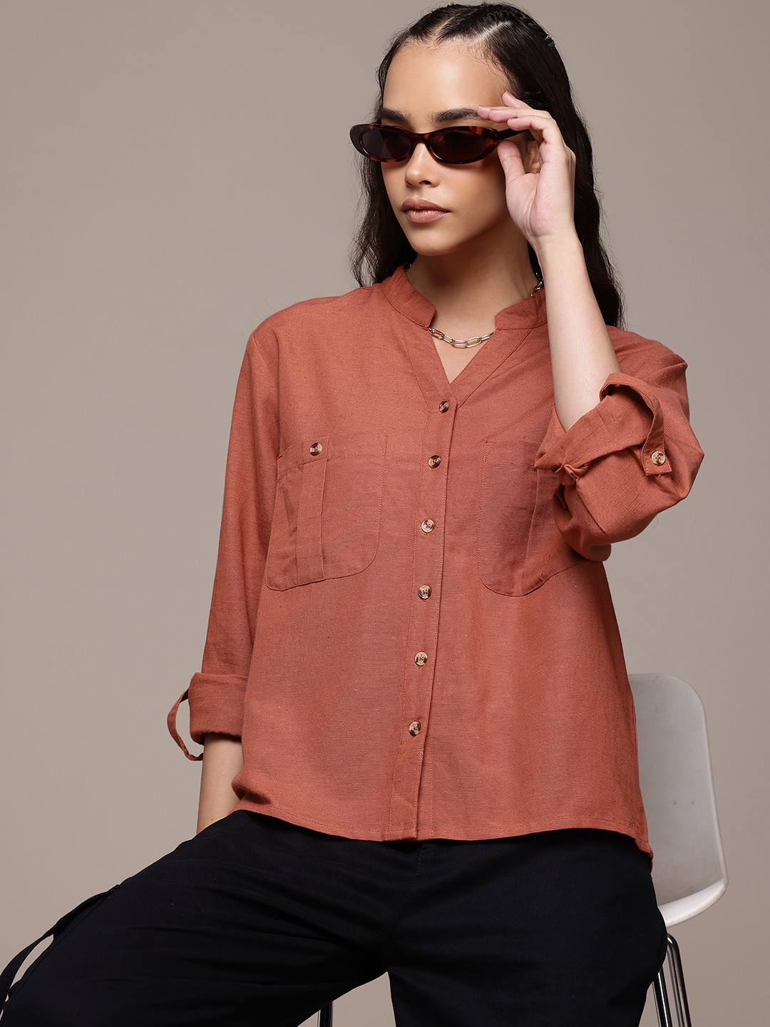 

The Roadster Lifestyle Co. Mandarin Collar Casual Shirt, Rust