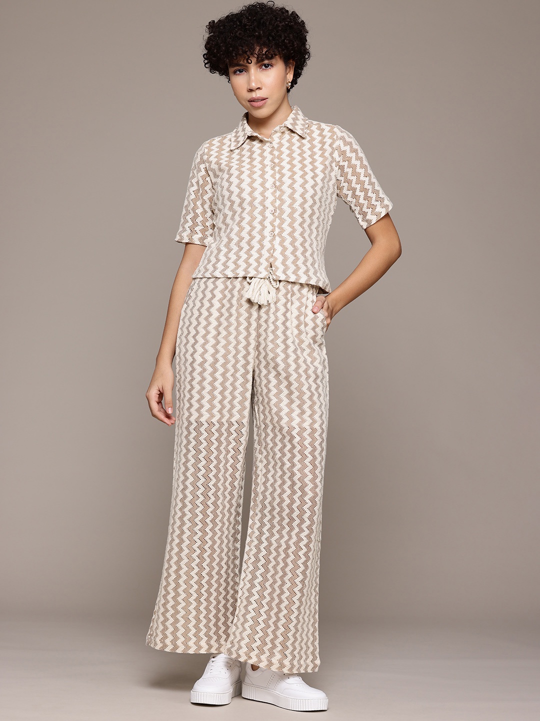 

The Roadster Lifestyle Co. Pure Cotton Self Designed Chevron Shirt with Trousers, Beige