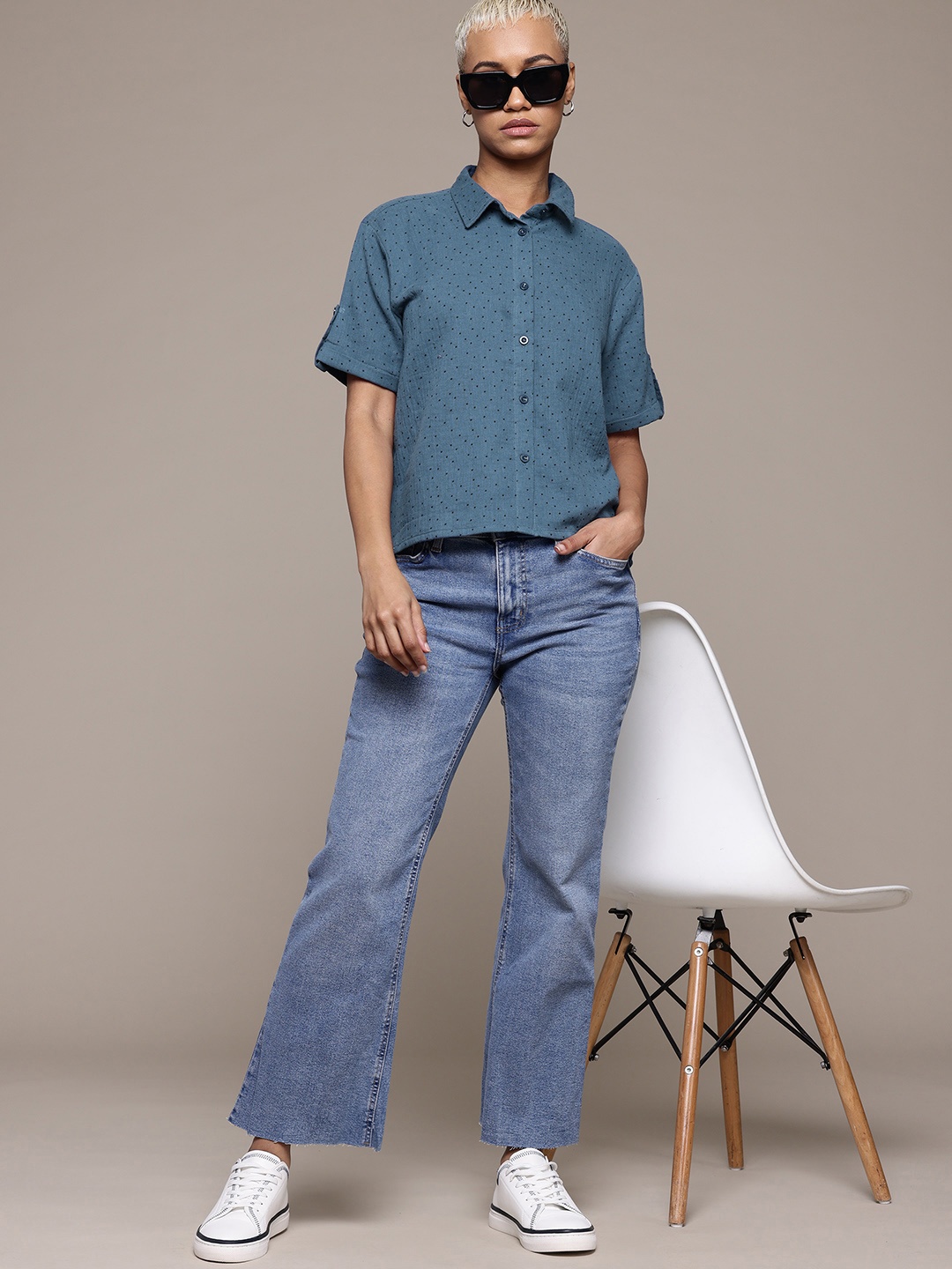 

The Roadster Lifestyle Co. Polka Dot Print Pure Cotton Shirt, Blue