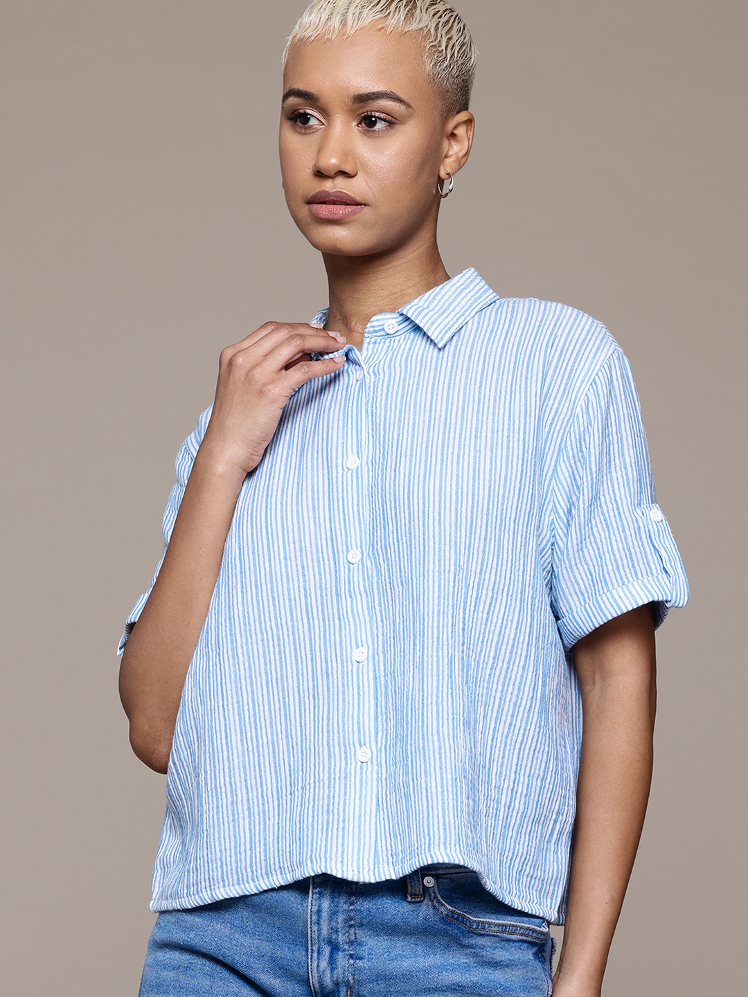 

The Roadster Lifestyle Co. Striped Pure Cotton Shirt, Blue