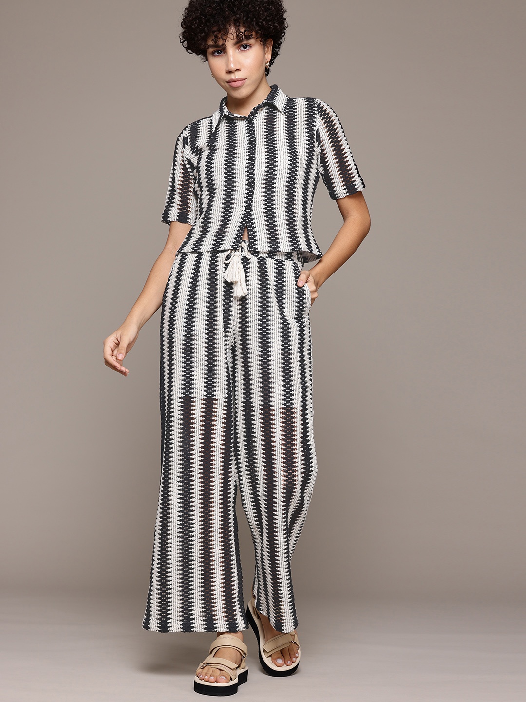 

The Roadster Lifestyle Co. Pure Cotton Self Striped Shirt with Trousers, Black