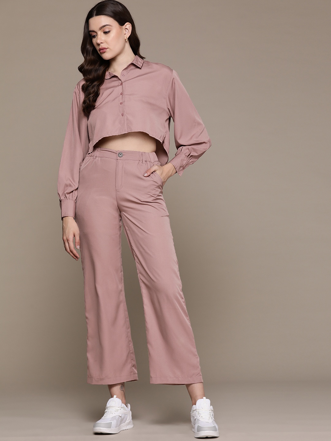 

Roadster Women Solid Pure Cotton Crop Top with Trousers, Mauve