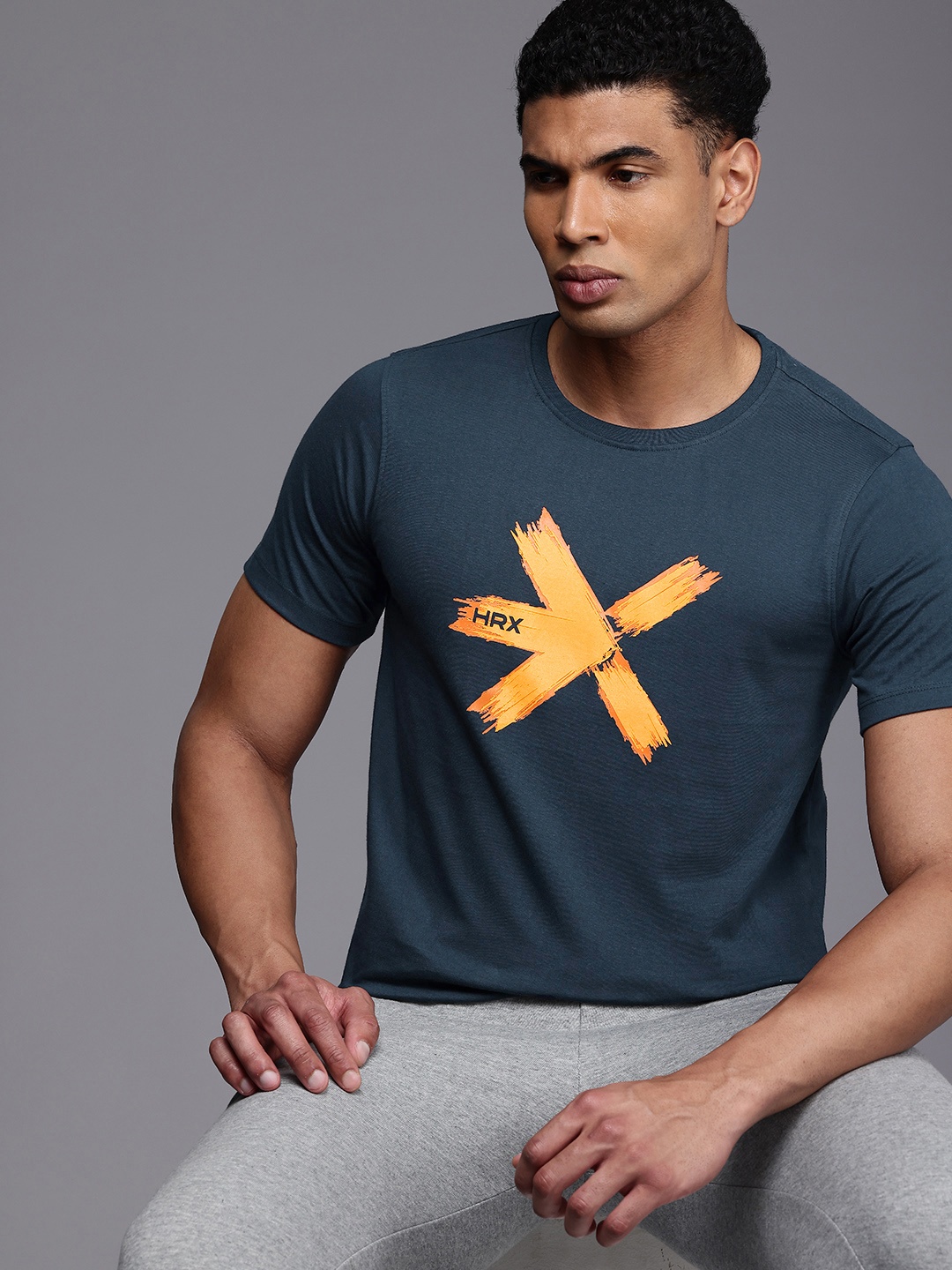 

HRX by Hrithik Roshan Brand Logo Printed T-shirt, Navy blue