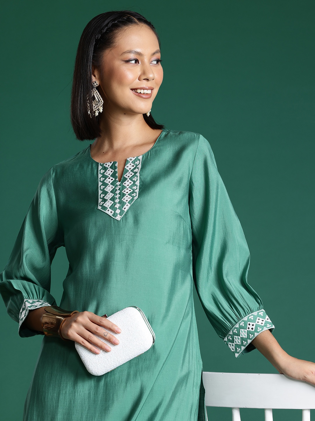 

Sangria Mirror Work Kurta with Trousers, Green