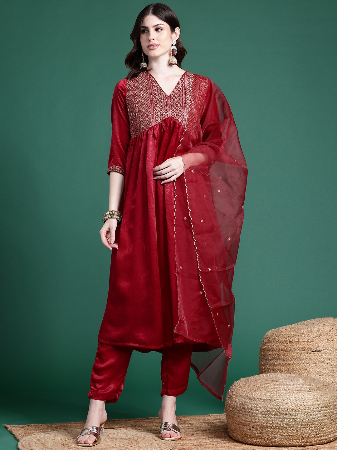 

Sangria Yoke Design Pleated Sequinned Kurta with Trousers & Dupatta, Maroon