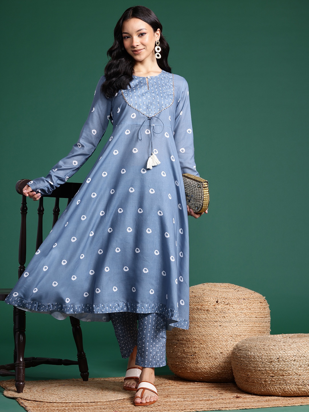 

Sangria Printed A-line Kurta with Trousers, Blue