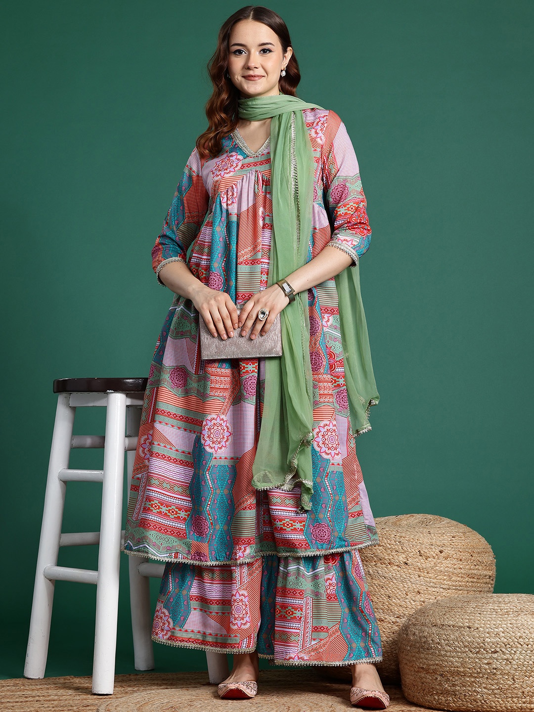 

Sangria Ethnic Motifs Printed Empire Kurta with Sharara & Dupatta, Multi