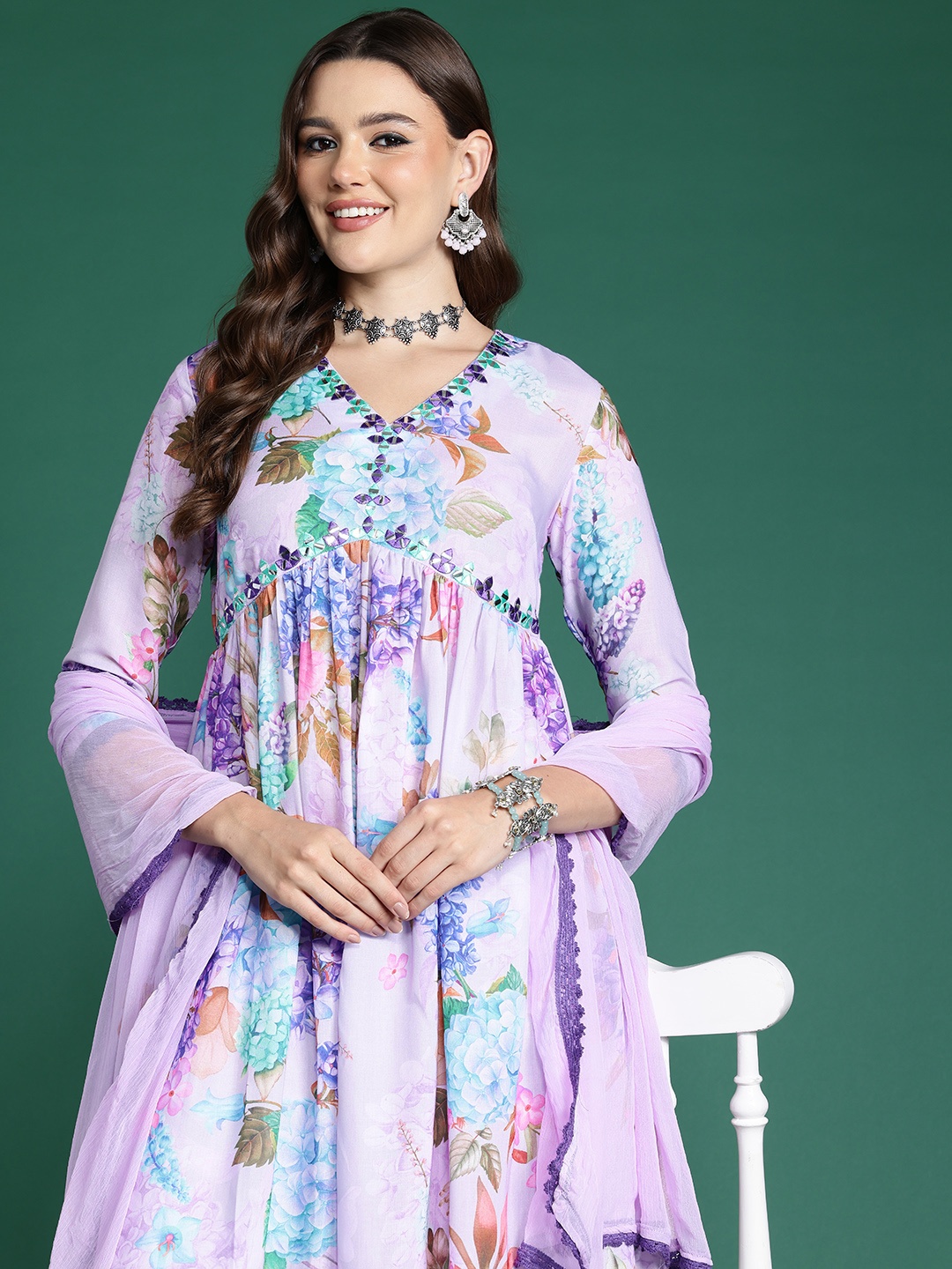 

Sangria Women Printed Empire Kurta with Trousers & With Dupatta, Lavender