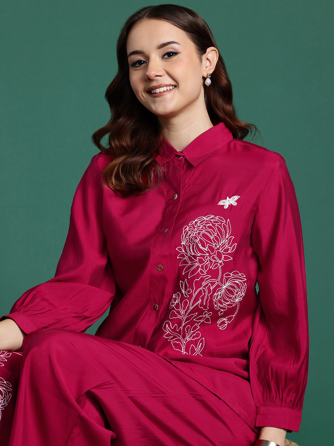 

Sangria Embroidered Shirt with Trousers Co-Ords, Maroon
