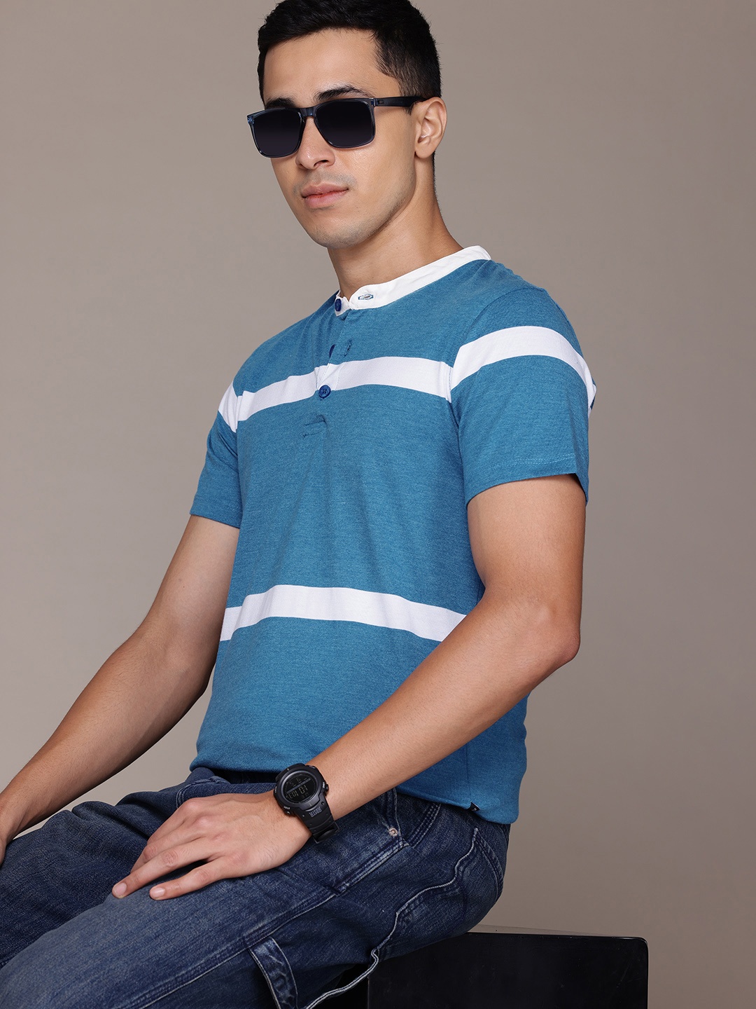 

The Roadster Lifestyle Co. Striped Band Collar T-shirt, Blue