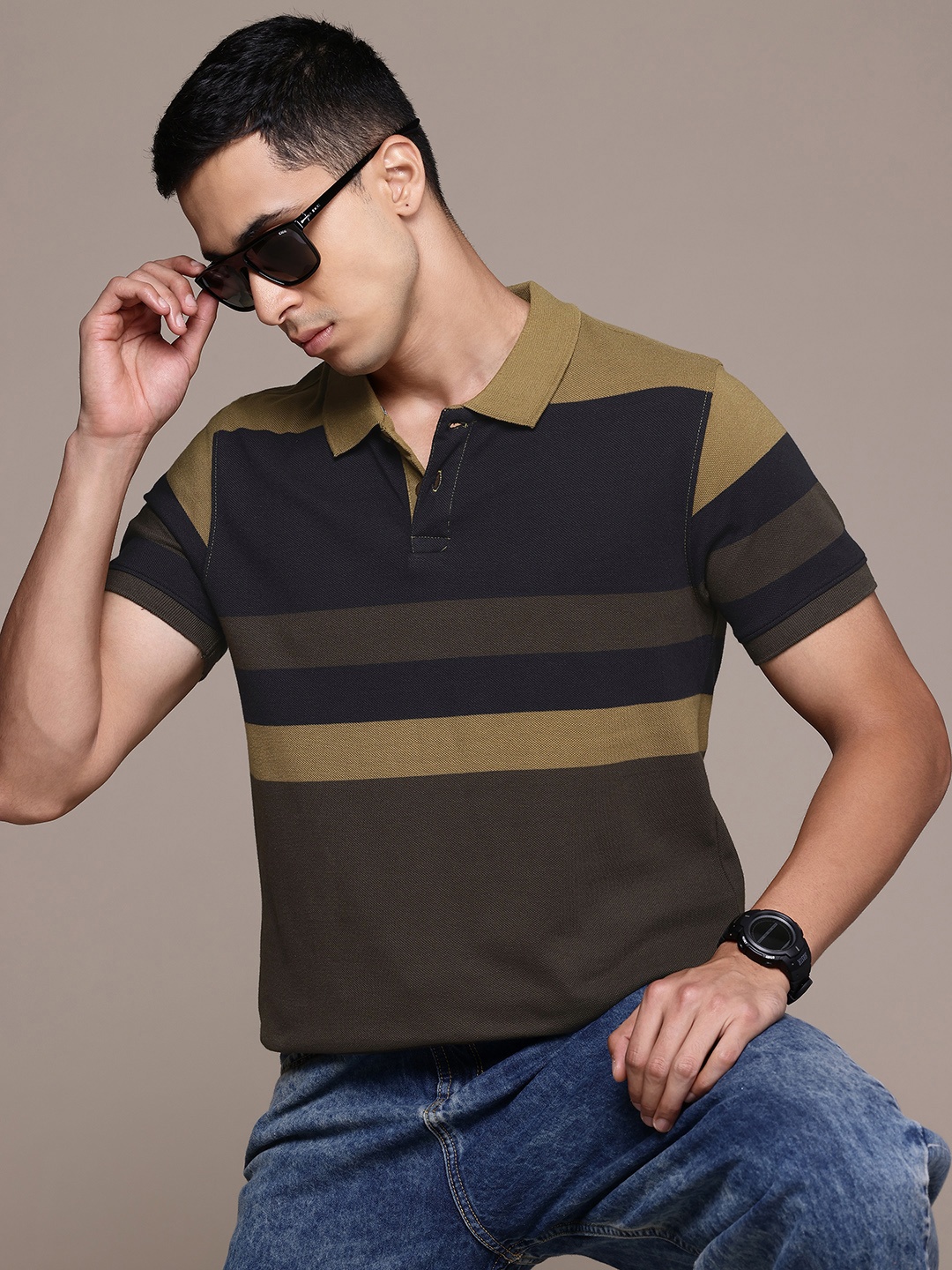 

The Roadster Lifestyle Co. Striped Polo Collar T-shirt, Olive