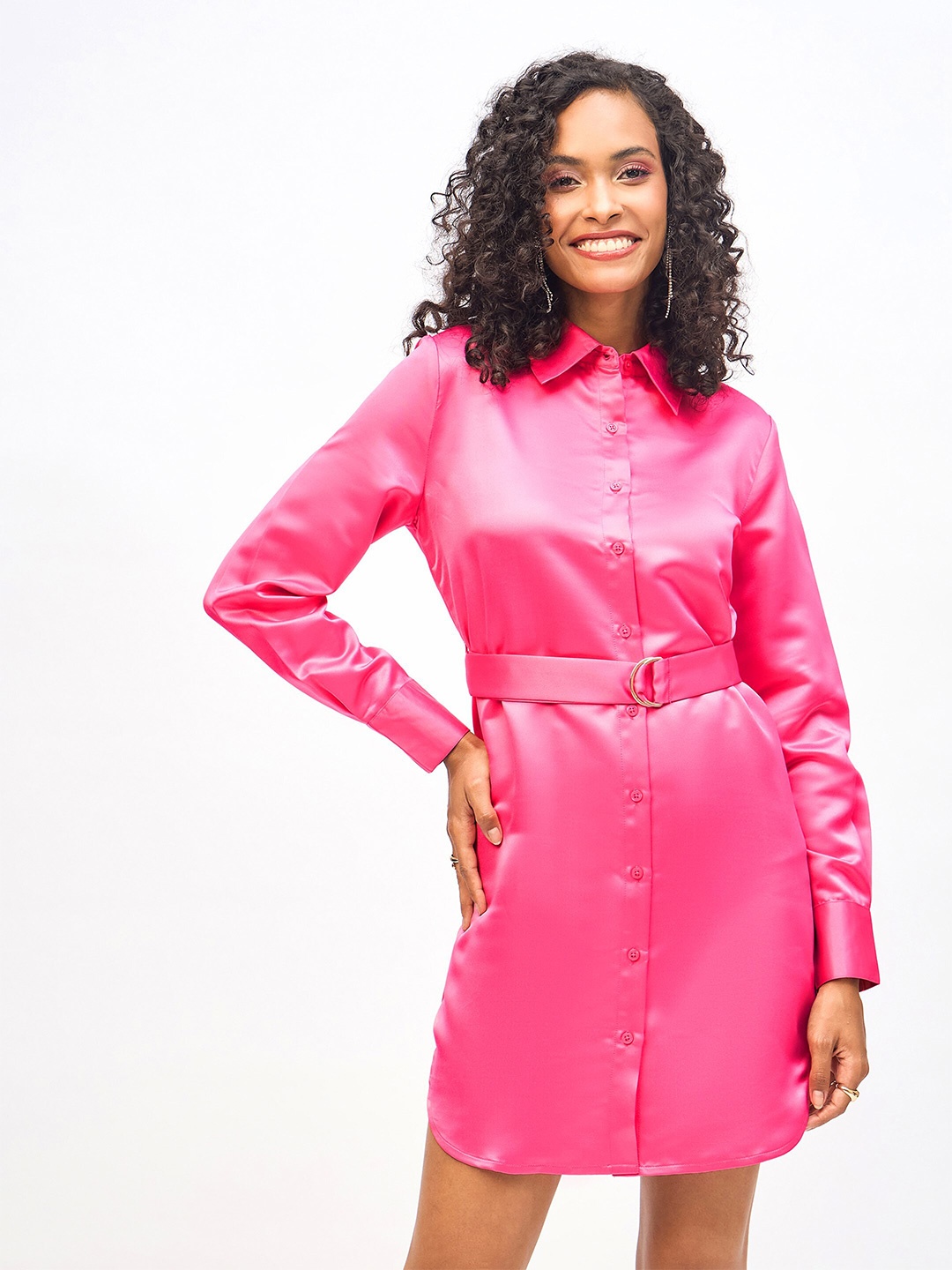 

SASSAFRAS Satin Shirt Dress, Pink