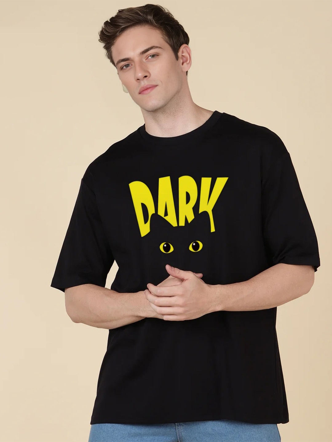 

Elibolz Typography Printed Cotton Oversized Extended Sleeves T-shirt, Black