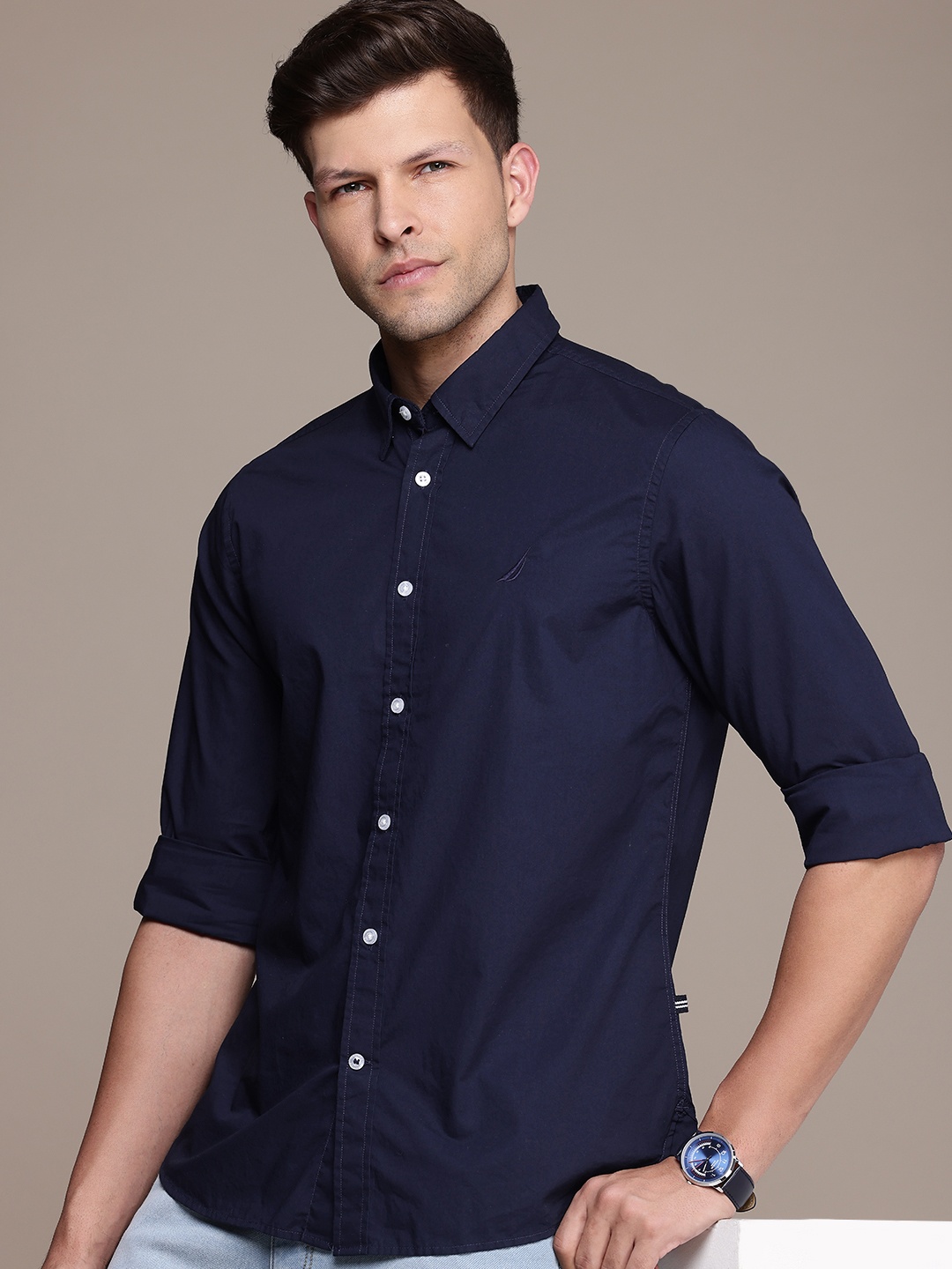 

Nautica Pure Cotton Slim Fit Opaque Casual Shirt, Navy blue