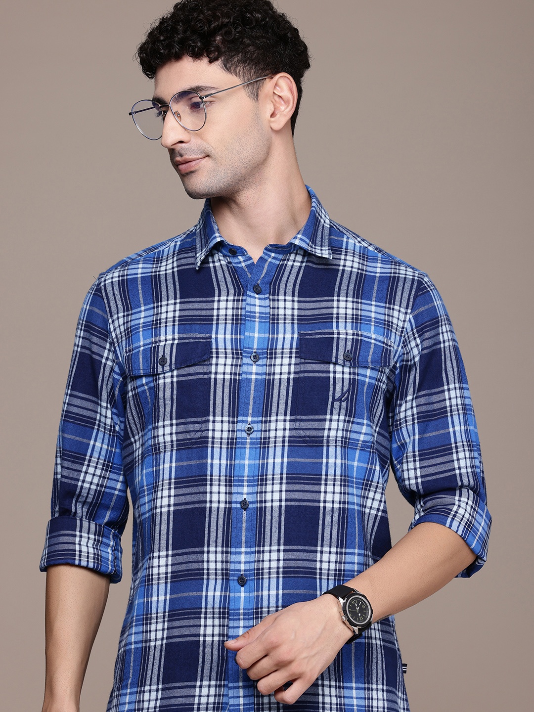 

Nautica Pure Cotton Classic Fit Checked Casual Shirt, Blue