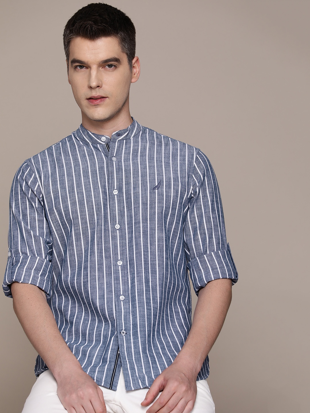 

Nautica Pure Cotton Slim Fit Striped Casual Shirt, Blue