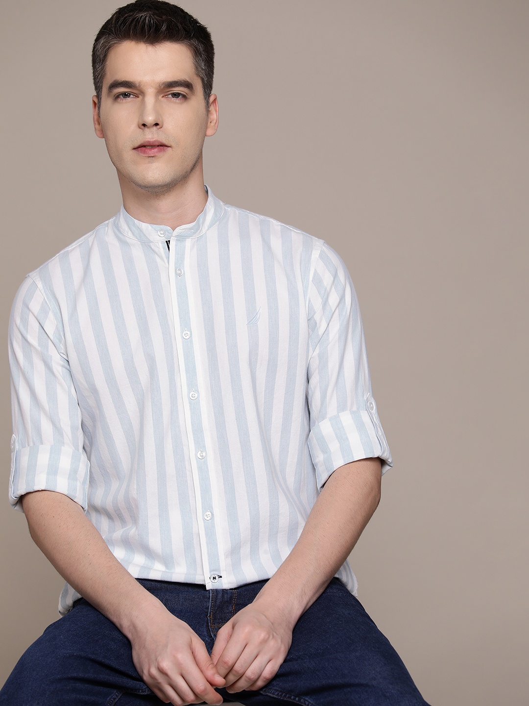 

Nautica Pure Cotton Slim Fit Striped Casual Shirt, White