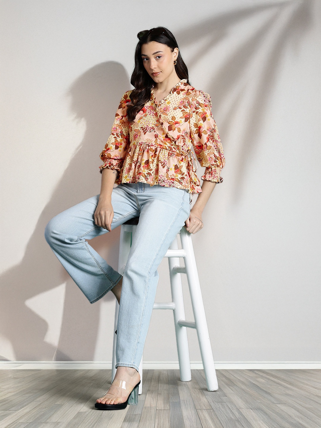 

DressBerry Floral Print Puff Sleeve Smocked Detail Wrap Top, Yellow