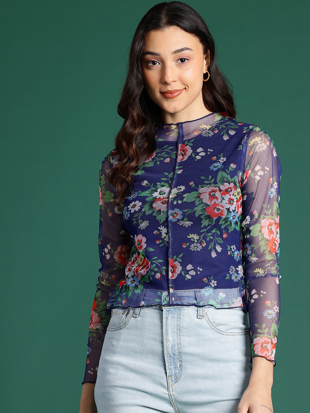 

DressBerry Floral Print Semi-Sheer Net Top, Navy blue