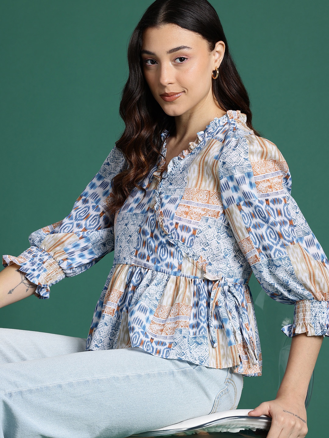 

DressBerry Geometric Printed Puff Sleeves Wrap Top, Off white