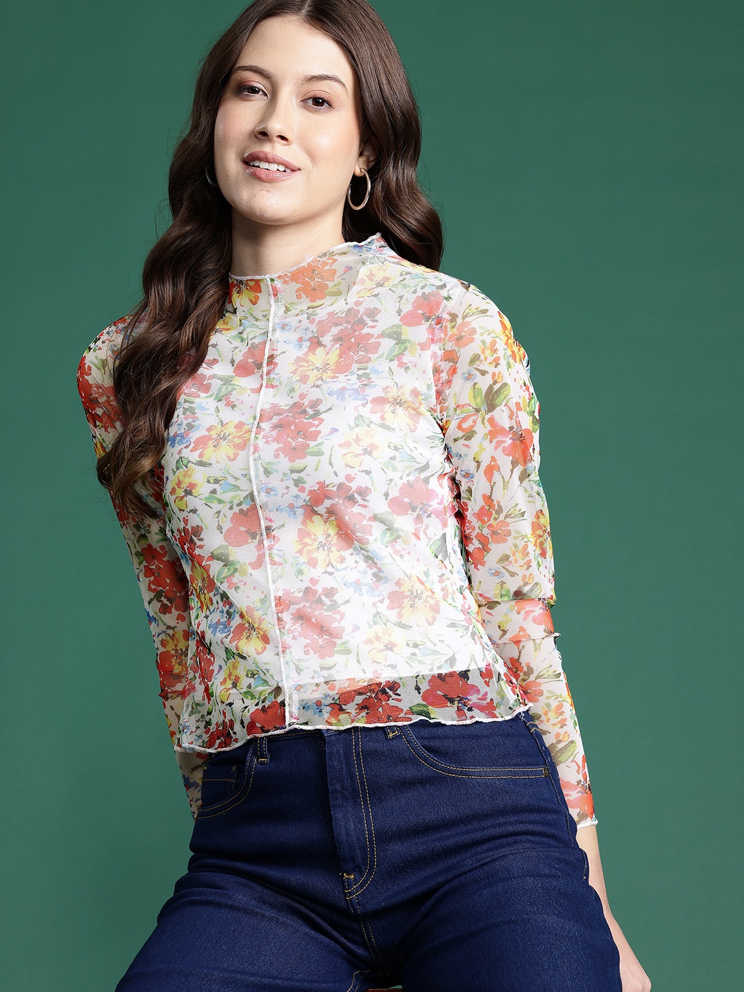 

DressBerry Floral Print Net Top, Multi
